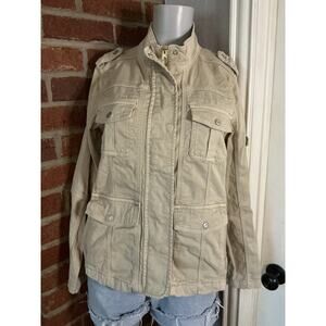 Kensie Jeans Utility Jacket Beige Military Style Zip Snap Front Cotton Stretch L